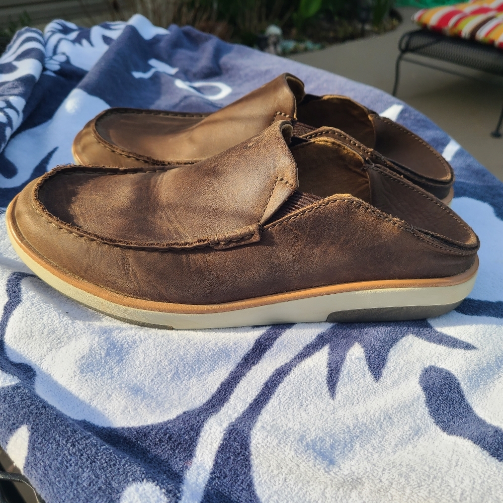 Men's Olukai Kalia brown Leather Slip-OnShoe Collapsible Heel